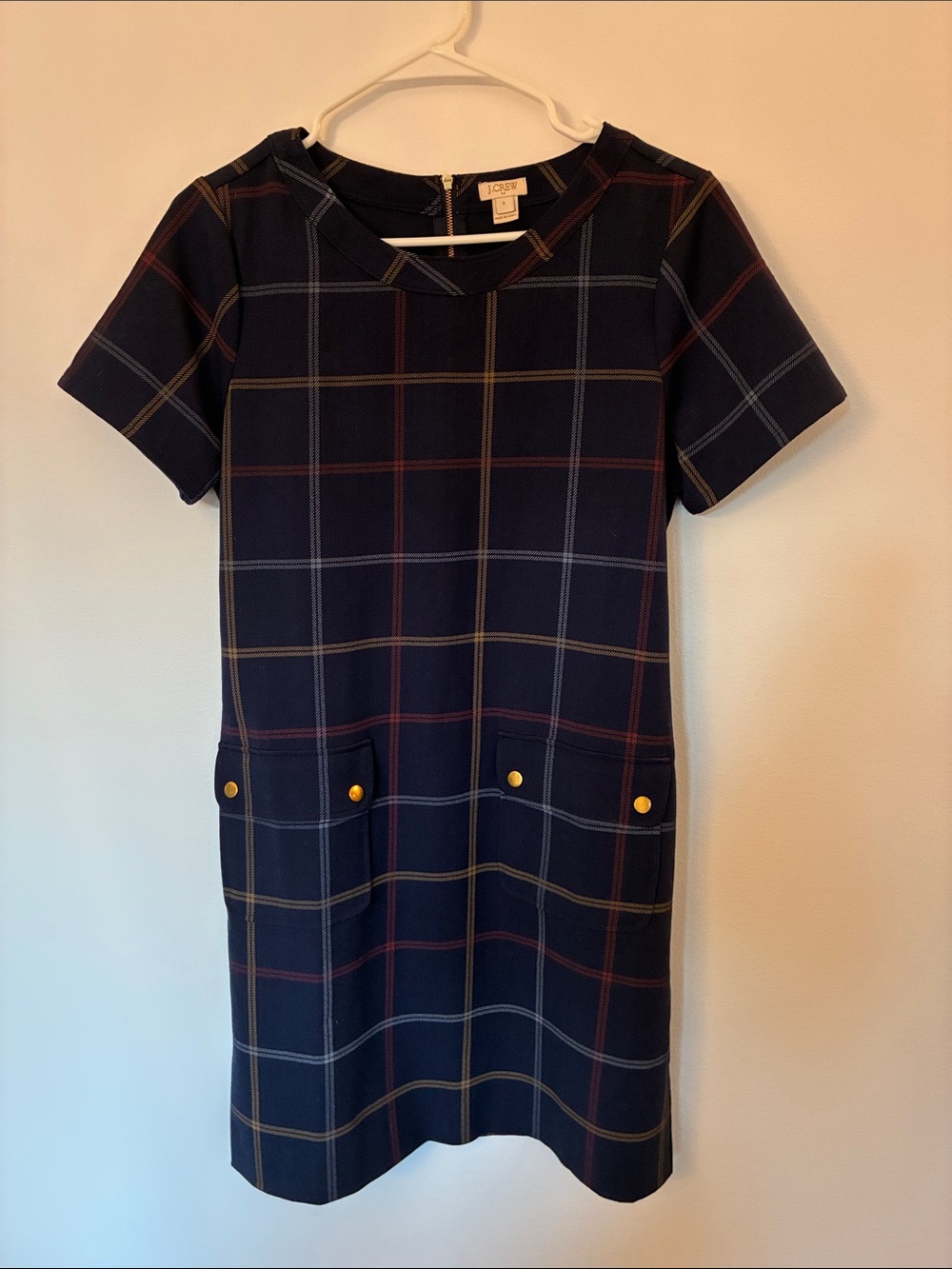 J. Crew Navy Plaid Short Sleeve Shift Dress with Gold Buttons size 6 NWOT